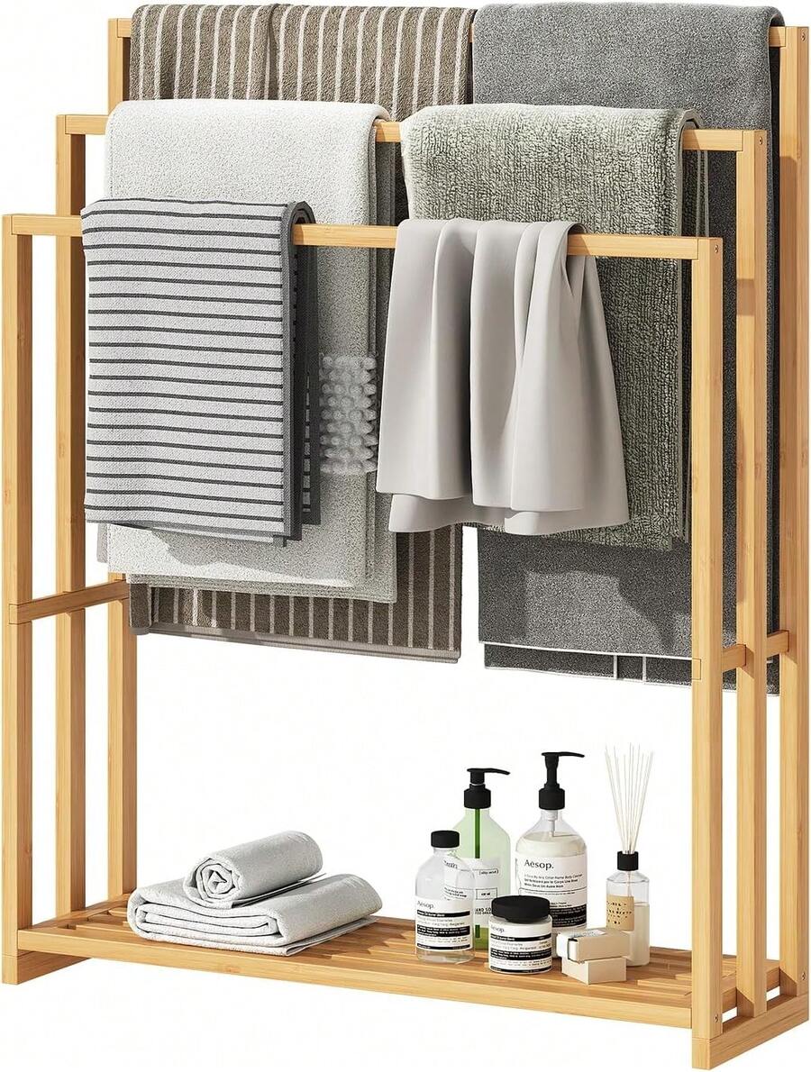 Freestanding Bamboo Towel Rack 3 Tier Blanket Drying Stand Holder Organizer With Bottom Storage Shelf For Bathroom Bedroom Living Room Natural Wood - Tự nhiên - Xem 1