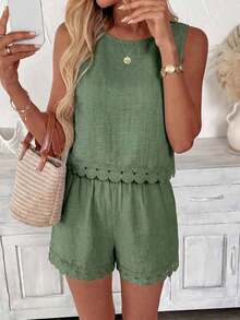 LUNE Conjunto de 2 piezas de blusa sin mangas con parches de encaje y shorts, adecuado para vacaciones de verano, ir al trabajo y uso diario - Verde - Ver 5