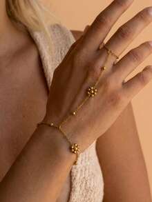 1pc Stainless Steel Non-Fading Flower & Bead Linked Finger Hand Chain, Minimalist Hand Harness Jewelry, Versatile For Daily Wear/Party/Date - Gold - View 2