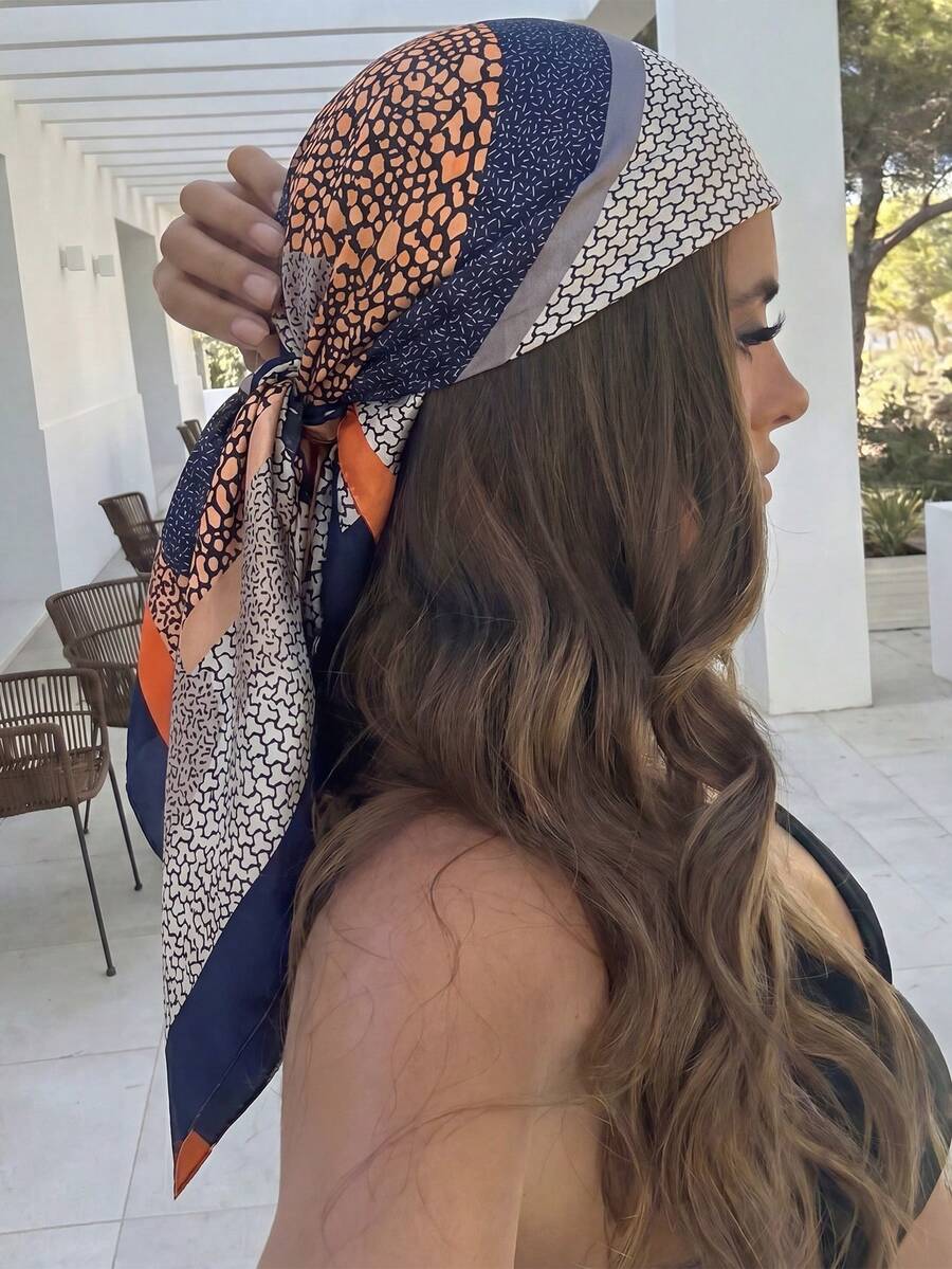1 pieza Elegante pañuelo de mujer con estampado de lunares de 90 satén/Pañuelo de seda sintética, Pañuelo de moda/Pañuelo para la cabeza para primavera, Chal clásico a prueba de viento para exteriores, Pañuelo versátil, Cinturón para la cintura, Accesorio para el cabello - azul grisáceo - Ver 1