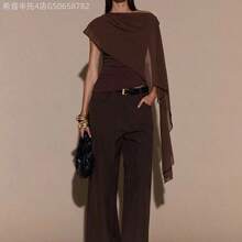 Fengyu Women's Clothing Store  Blusa de punto con cuello anudado y hombro asimétrico, suéter elegante y ajustado, otoño/invierno - Rojo - Ver 6