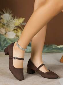 2026 New Black Velvet Square Toe Chunky Heel Mary Jane Shoes, Single Strap Commuter Style, Non-Slip, Versatile For Multiple Occasions - Brown - View 7