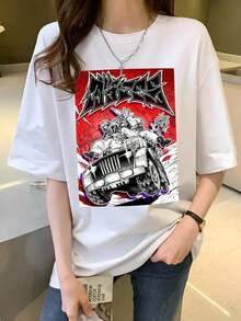Gachiakuta Motorcycle Casual T-Shirt In Black And White, Crew Neck, Short Sleeve, Perfect Gift For Men, Clothing | Casual Style | Moisture-Wicking Fabric, Rapper Print T-Shirt - 180 G/M² Cotton, Unisex Casual Short-Sleeve T-Shirt For Men And Women, Comfortable For All Seasons, Machine Washable, Size KGKH - 白色 - 查看 1