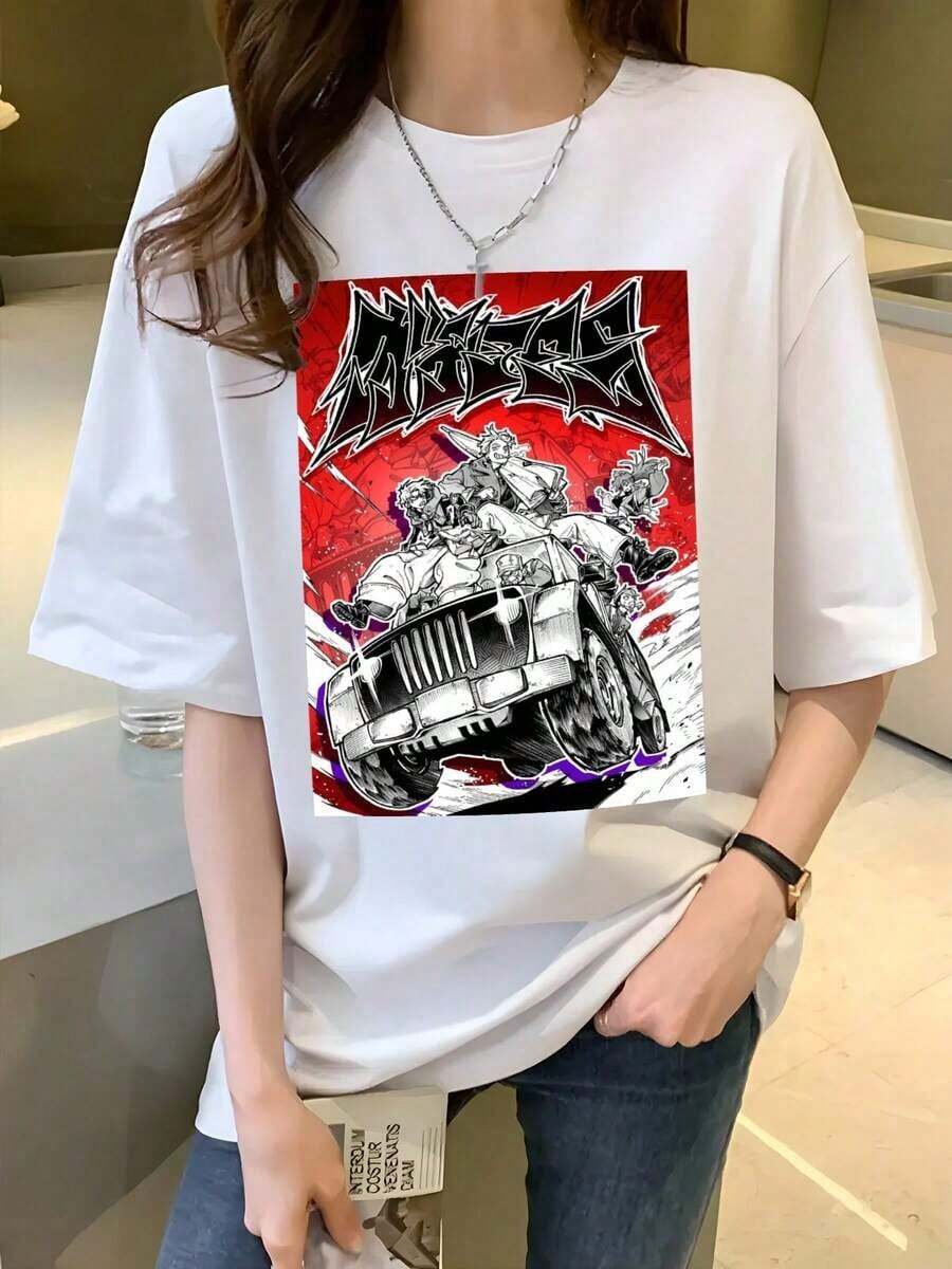 Gachiakuta Motorcycle Casual T-Shirt In Black And White, Crew Neck, Short Sleeve, Perfect Gift For Men, Clothing | Casual Style | Moisture-Wicking Fabric, Rapper Print T-Shirt - 180 G/M² Cotton, Unisex Casual Short-Sleeve T-Shirt For Men And Women, Comfortable For All Seasons, Machine Washable, Size KGKH - 白色 - 查看 1