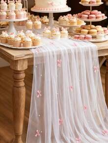 1 pieza Mantel de malla con perlas y lazo rosa blanco, camino de mesa con tema de lazo rosa, cubierta de mesa, decoración de mesa, decoración de mesa de cocina y cena, mantel de decoración de fiesta de cumpleaños, suministros de decoración de boda, baby shower, despedida de soltera, decoración de mesa, decoración del hogar, decoración de habitación, regalo de cumpleaños, suministros para fiestas, recuerdos de fiesta - lazo rosa - Ver 9