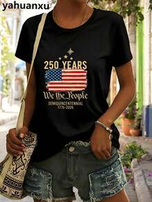 4th Of July Outfit WomenUSA 250th AnniversaryCommemorative Print Women's InspiredT-Shirt Short RoundNeckTopWhite LightweightY2K Short Sleeve Round Nec - 黑色 - 查看 3