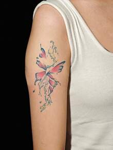 1 Tattoo Sticker - Watercolor Splatter Gradient Butterfly Dreamy And Elegant Vertical Tattoo Design, Temporary Tattoo Sticker, Washable PVC, Waterproof And Sweat-Resistant, Suitable For Hands, Arms, Waist, Abdomen, Back, Legs - No Reflection, Realistic Tattoo Design. Suitable For Travel, Music Festivals, Games, Graduation Gifts, Daily Use. For 3-5 Days. - Multicolor - View 3