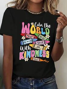 Unisex Short-Sleeved T-Shirt For Women. Color: The World With Kindness. Short-Sleeved Crew Neck T-Shirt. Casual, Loose Fit. Summer Tee Tops For Teachers. Inspirational, Motivational, Positive Vibes. Wear T-Shirts For Men, , Women, Romwe, Men, Boho Chic, Teachers Gifts, T-Shirt For Curvy Women's Outfits, Y2k - 黑色 - 查看 6