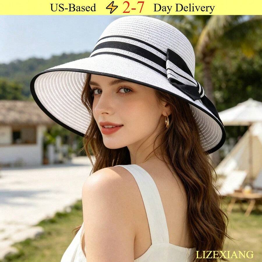 Black Bow Summer Straw Sun Hat,Cruise Essentials,Beach Accessories For Women,Beach Hat,Hats For Women,Summer Hats For Women,Sun Hats For Women,Straw Hat,Hats For Women Elegant - trắng - Xem 1