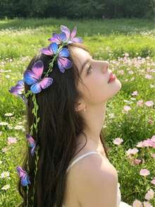 1件時尚新款蝴蝶流蘇花卉髮飾，甜美優雅，經典款，適合日常出遊、度假與派對，女性髮飾，生日慶祝與送禮首選，頭飾花環 - 彩色 - 查看 3