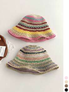 Dopamine Striped Straw Fisherman Hat Women Summer Hollow Out Breathable Bucket Hat Slimming Face Sun Protection Sun Hat Plus Size Rainbow Striped Hollow Straw Hat Women Travel Outdoor Sun Protection Face Covering Sun Hat Women New Wide Brim Slimming Face Large Head Circumference Handmade Woven Large Size Fisherman Hat Vacation Beach Bucket Hat Back To School - Multicolor - View 8