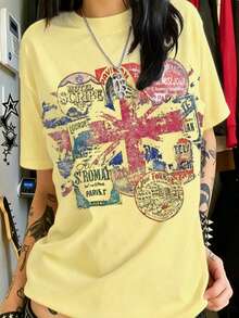 Retro Distressed White Oversized Aesthetics Front Vintage Travel Postage Stamp Collage (UK Union Jack Flag Center, Overlaid With Hotel & Destination Stamps: HOTEL SCRIBE, PAVILION, LOURDES, STROMAI PARIS, BRISTOL, TEL AVIV BEACH, Hotel FORNOS CAMELONA, Worn & Faded Texture) 100% Cotton Breathable Unisex Oversized Short Sleeve Tee, Travel & Adventure Events, Street Style Hangouts, Christmas Casual Gatherings, Hunting Day Casual Outings, Friend Leisure Outings, Daily Urban Wear, Excellent Gift For Travel Enthusiasts & Vintage Style Fansgraphic T,Men's Clothes,Summer - 黃色 - 查看 11