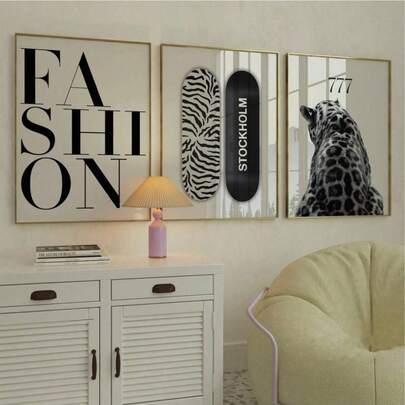 1/3pcs Frameless Y2K Black And White Gallery Wall Art Set, Leopard Print Pattern, Minimalist Posters Printed With "Je T'aime" And "Make Love Make Art", Beautiful Room Decorations For Dormitories, Apartments, And Bedrooms, Personalized Posters