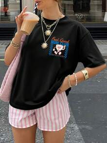 Women's Oversized Vintage Cartoon Print 'Feel Good RUN CLUB' Top, Spring Summer Short Sleeve Crew Neck Drop Shoulder - 黑色 - 查看 2