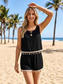 LUNE Conjunto de 2 piezas de blusa sin mangas con parches de encaje y shorts, adecuado para vacaciones de verano, ir al trabajo y uso diario - Negro - Ver 6
