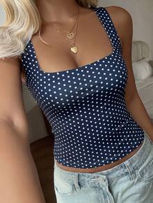 Áo tank top dệt kim in chấm bi kiểu Y2K, áo không tay phù hợp cho đi biển, đi làm và mặc thường ngày mùa hè. - Màu xanh lam - Xem 5