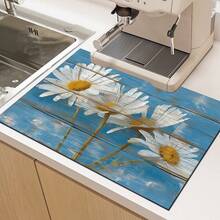 1pc Daisy Pattern Printed Absorbent Dish Drying Mat, Espresso Machine Countertop Absorbent Mat, Sink Drain Mat, Soft Faucet Absorbent Mat, Sink Cup Mat, Home & Kitchen, Bathroom Accessories - Multicolor - View 7