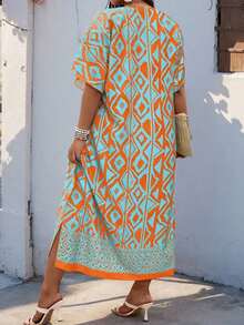 Weeklong Vestido holgado con cuello en V y mangas raglán con aplicaciones, adecuado para uso diario y vacaciones, tallas grandes para mujeres - Multicolor 3 - Ver 5