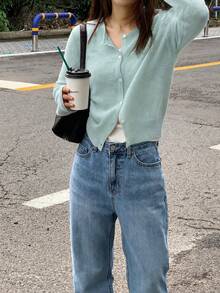 1pc Solid Color Knit Front Button Cardigan, Lightweight For Spring And Summer Daily Wear - Mint Blue - View 3