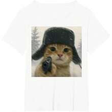Humorous T-Shirt With A Crazy Cat Meme Wearing An Ushanka Hat - 白色 - 查看 1