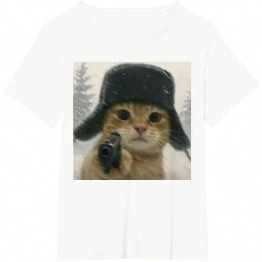 Humorous T-Shirt With A Crazy Cat Meme Wearing An Ushanka Hat - 白色 - 查看 1