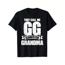 1 Black Cotton T-Shirt With "They Call Me GG Gangster Grandma" Print, Combed Design, Short Sleeves, Round Neck, Casual Fit For Women, Perfect Gift For Grandmothers, Humorous Clothing. | Funny Design T-Shirt | Cotton Fabric, Fun - 黑色 - 查看 1