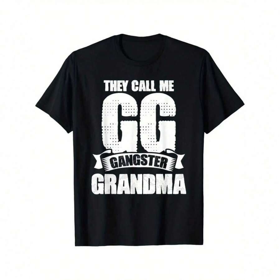 1 Black Cotton T-Shirt With "They Call Me GG Gangster Grandma" Print, Combed Design, Short Sleeves, Round Neck, Casual Fit For Women, Perfect Gift For Grandmothers, Humorous Clothing. | Funny Design T-Shirt | Cotton Fabric, Fun - 黑色 - 查看 1