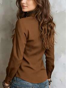 Camisa de manga larga de unicolor para mujer, con diseño de cuello para mostrar un aspecto profesional y capaz, hecha de tela cómoda. - Rojo - Ver 5