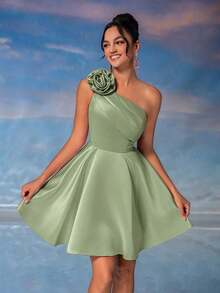 Lovelzi Elegante y lujoso vestido mini de fiesta con asimetría de volantes y flores 3D de color rosa loto - verde menta - Ver 8