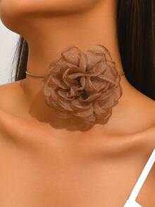 1pc Women's Elegant Fashion Fabric Large Flower Tie Choker Suitable For Vacation And Party Wear - Brown-n1418 - View 2