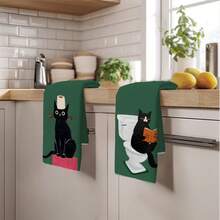 2pcs Cat Pattern Printed 40*60cm Soft Fiber Kitchen Towels, Absorbent Dish Cloths, Farmhouse Style Towels, Suitable For Kitchen, Bathroom, Housewarming Gifts, Great Value For Home - Green - View 10