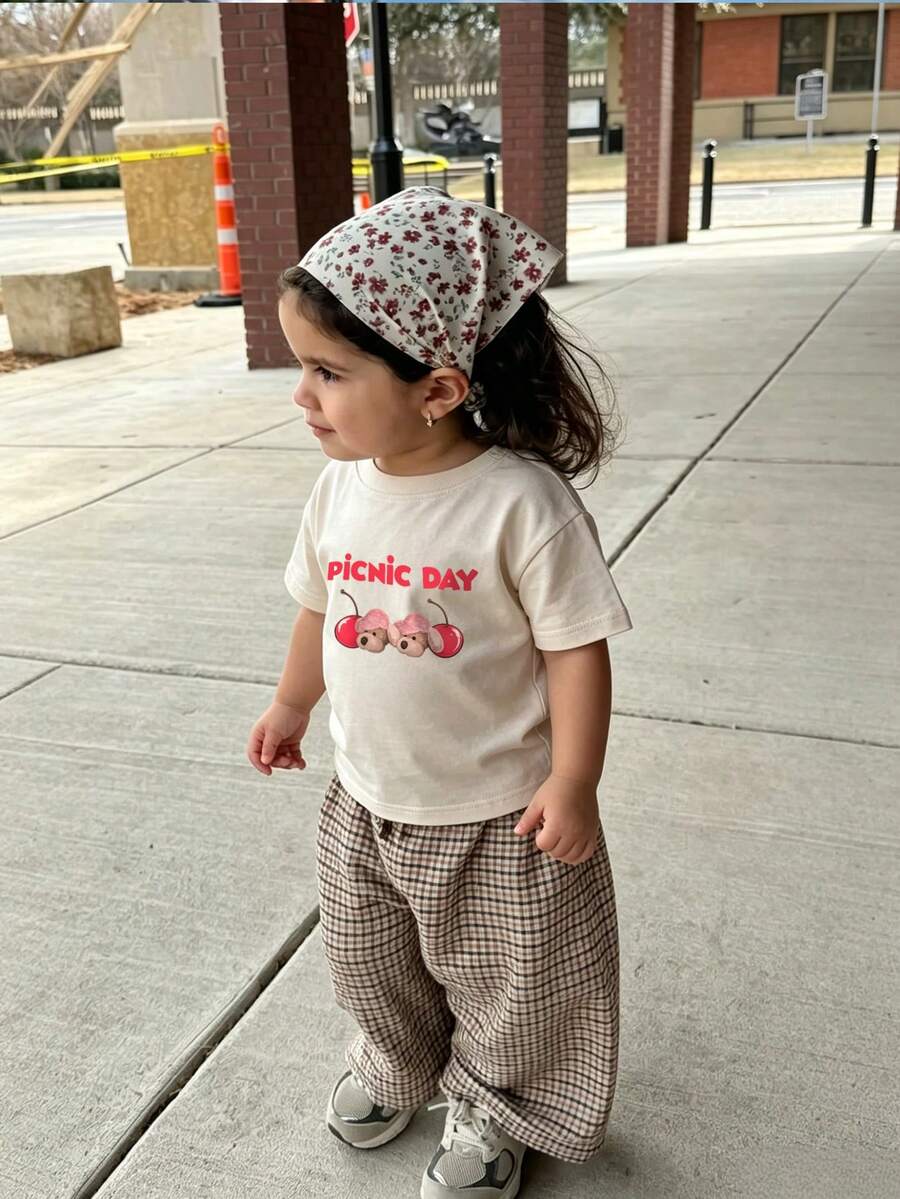 T-shirt casual de manga curta bege para bebé menina, t-shirt de verão em tom neutro suave - Damasco - Ver 1