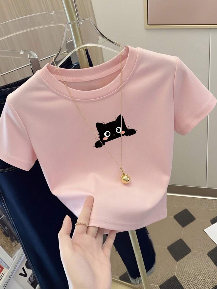 Women's Short Sleeve T-Shirt, Regular Shoulder, Round Neck, Summer Thin, Versatile, Loose, Slimming, New Cute Cat Print, Ins Style Casual Pink - Pink - View 1