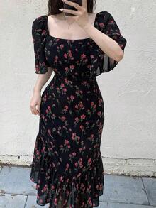 de verano de mujer elegante con cuello cuadrado, volantes y cola de, de gasa con estampado floral diminuto - Negro - Ver 9