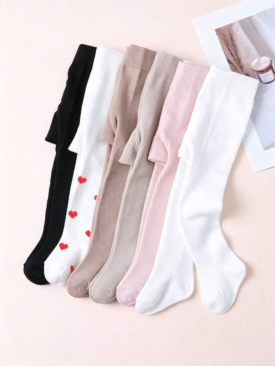 6pcs Girls' Solid Color & Heart Pattern Leggings Combo, Versatile Tights Suitable For Spring, Autumn And Transition Seasons, Basic Daily Wear For Toddlers Aged 0-3 Years - Multicolor - View 1