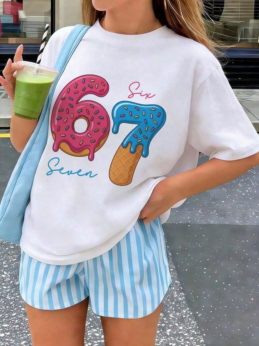 1 Piece Short Sleeve T-Shirt With Ice Cream And Donut Print For Preteen Girls, Casual Summer Top For Young Students For Playtime 100% Cotton - 白色的 - 查看 1