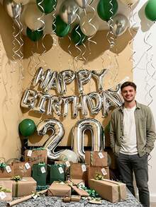 50pcs Green Happy Birthday Decoration Balloon Set, Includes Silver "Happy Birthday" Letter Banner And Silver White Green Latex Balloons, Suitable For Happy Birthday English Letter Arrangement, Party Scene Decoration Happybirthday, Birthday Party, Family Party Background Decoration Supplies - Multicolor - View 5