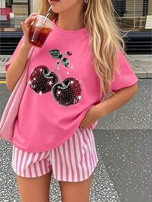Kaos Lengan Pendek Leher Bulat Motif Cherry, Kaos Kasual untuk Anak Perempuan di Musim Semi/Panas - Hot Pink - View 7