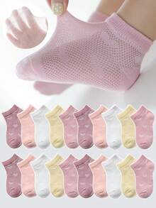 10 pares de calcetines para niños de colores surtidos aleatorios, unicolor minimalista con malla de corazón transpirable, estilo japonés versátil, calcetines de media caña para niños y niñas - Multicolor - Ver 4