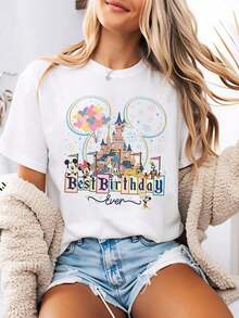 Disney-Style Women's Printed T-Shirt Featuring Mickey Mouse As The Main Character In A Cartoon Print Design With Balloons Soaring And Fireworks Beneath A Castle. This Round-Neck Summer Top Is Crafted From Soft, Comfortable 100% Cotton Fabric, Perfect For Everyday Wear, Outdoor Activities, Or Shopping. It Also Makes An Ideal Choice For Women's Vacation Attire. - White - View 7