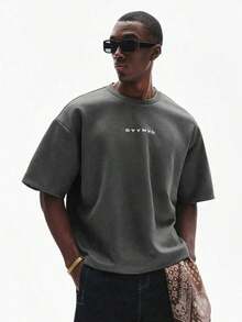 Men's Short Sleeve Crew Neck T-Shirt With Minimalist Print, Olive Green Graphic Tee, Oversized Printed Crop Top For Men, Unisex Washed T-Shirt. Y2K Style, Fashionable Style, Cute Style, Casual Style, Women's Blouses > Clothing. 230g (Sizes S-XXXL) - 灰色 3 - 查看 2