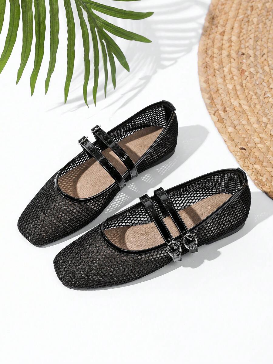 JiaYunNvXie Mary Jane Square Toe Shoes, Mesh Double Strap Buckle Closure Breathable Summer Sandals, Suitable For Uniform With Long Skirt, White Ballet Dancer