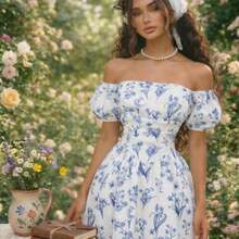 MOD Vestido blanco de longitud media con hombros descubiertos, mangas abullonadas y lunares, para el Día de San Valentín, atuendos de San Valentín para mujeres, carnaval, boda, estilo retro de los 70, vintage - Azul y blanco - Ver 1