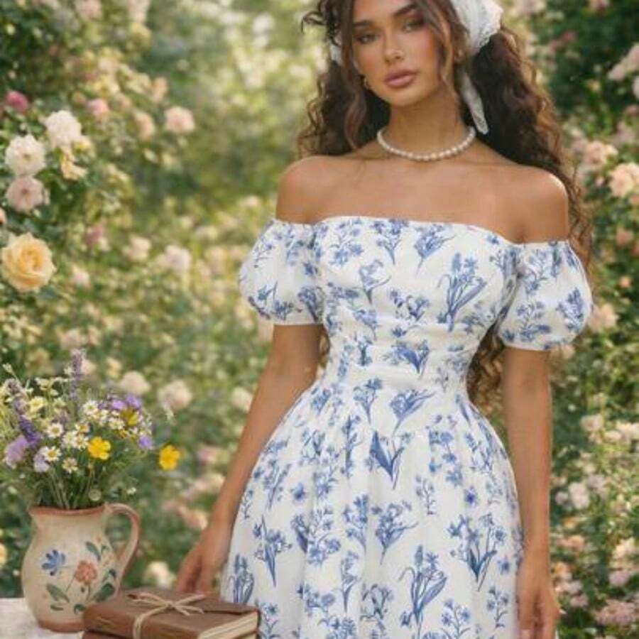 MOD Vestido blanco de longitud media con hombros descubiertos, mangas abullonadas y lunares, para el Día de San Valentín, atuendos de San Valentín para mujeres, carnaval, boda, estilo retro de los 70, vintage - Azul y blanco - Ver 1