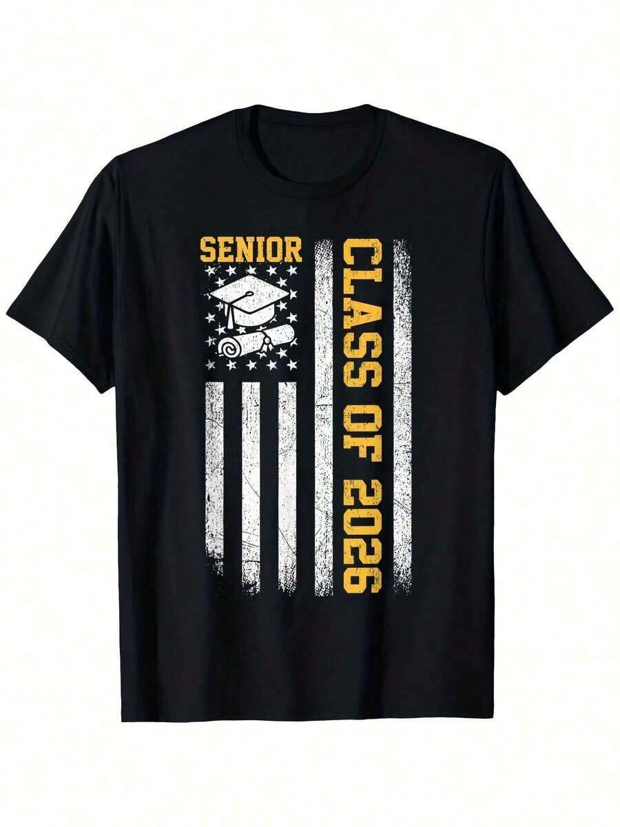 Camiseta de Graduación% Algodón Unisex con Bandera Americana, Graduación 2026, Regalos para la Clase de 2026, Ligeramente Elástica, Cuello Redondo Casual, Manga Corta para Exteriores, Tallas S-, Casual de Temporada y para Hombre, Cuello Redondo, Estilo Urbano, Algodón. LYSL - Negro - Ver 1