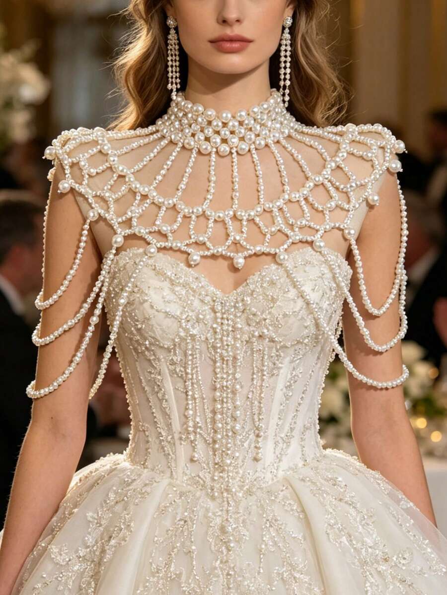 ZHENGHEN 1pc Women's Luxury Pearl Shoulder Chain Shawl, Multi-Strand Pearl Neck & Shoulder Decor, Suitable For Evening Party, Ball & Formal Occasions