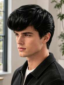 8 Inch Minimalist Men's Wig, Made Of Heat-Resistant Material, Easy To Comb. Lightweight And Seamless Design For Comfortable Wear At Home, Outings, And Gatherings. Easily Shapes Face And Creates Various Hairstyles For Men. - Black - View 2