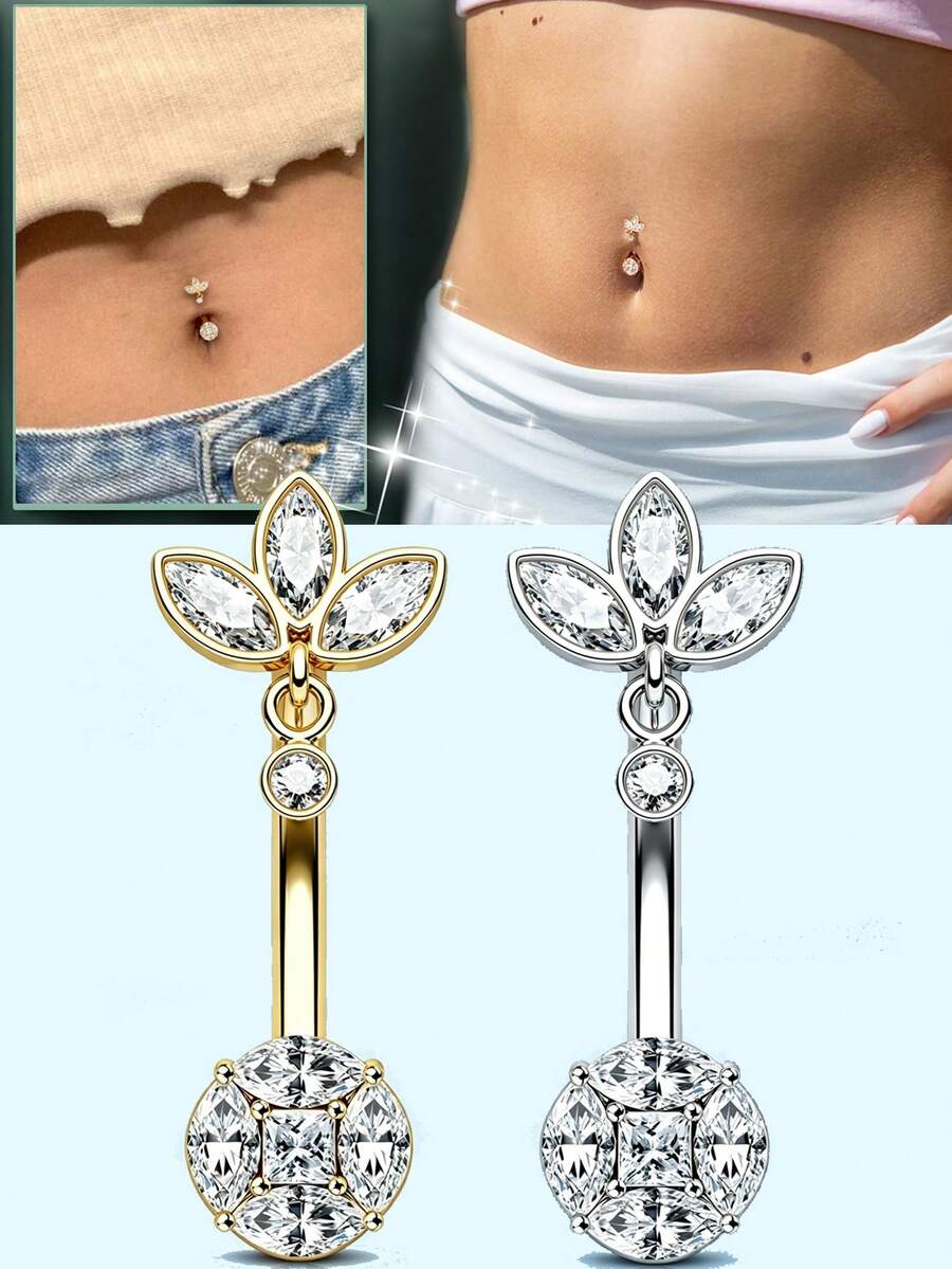 Belly Button Rings 14G Dangle Lotus Belly Navel Rings For Women Belly Navel Piercing Jewelry 10MM Barbell - Flower - View 1