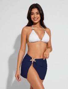 Women's Swimsuit Cover Up Skirts High Slit Swim Beach Sarong Bathing Suit Wrap Skirt With Sartfish - 藏蓝色 - 查看 3