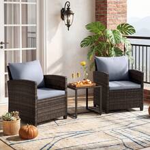 GOFLAME 3-Piece Garden Furniture Set PE Rattan Outdoor Bistro Conversation Set With Cushioned Sofa And Tempered Glass Coffee Table For Porch Balcony And Backyard - Grey - View 1